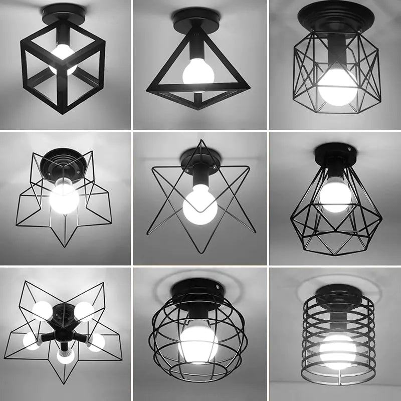 Vintage Black Iron Cage Ceiling Lamp for Home Lighting
