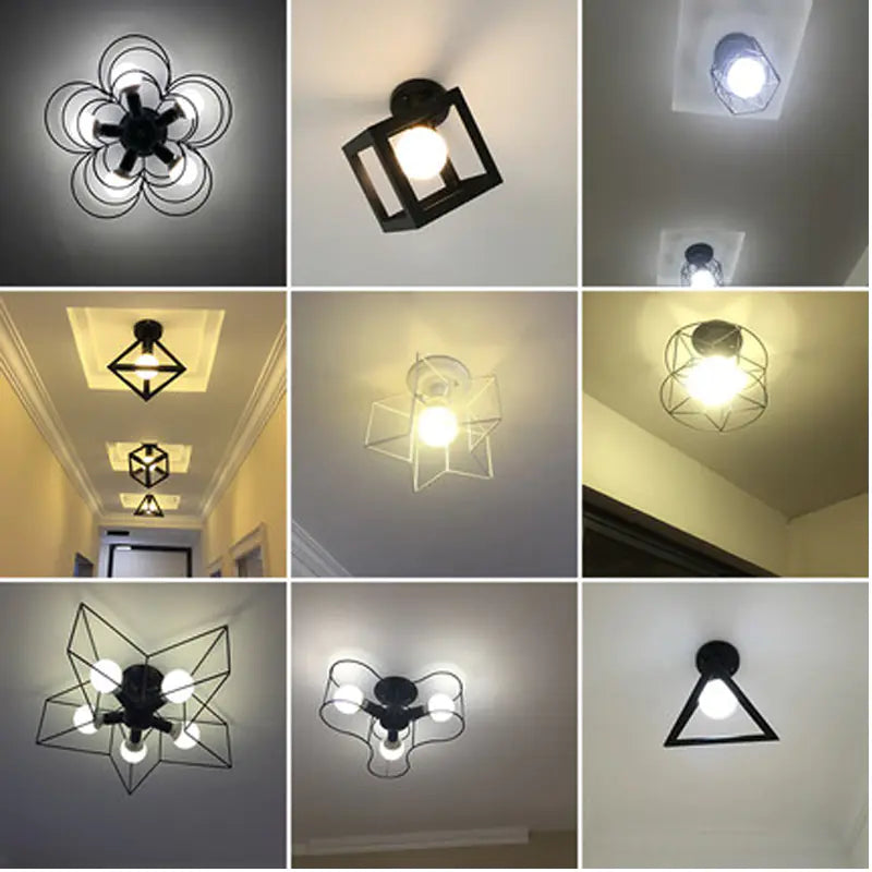 Vintage Black Iron Cage Ceiling Lamp for Home Lighting