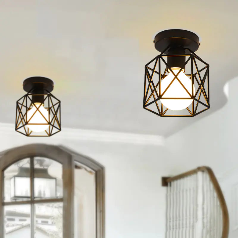 Vintage Black Iron Cage Ceiling Lamp for Home Lighting